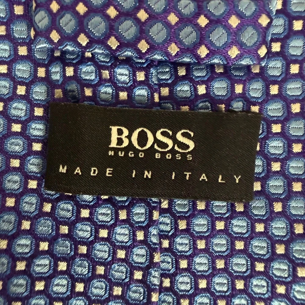 Hugo Boss Mens Blue Purple Geometric Silk Tie Made in Italy Necktie Dress Formal